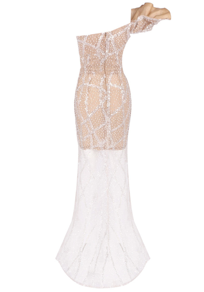 One Shoulder Sequin Maxi Dress Nude