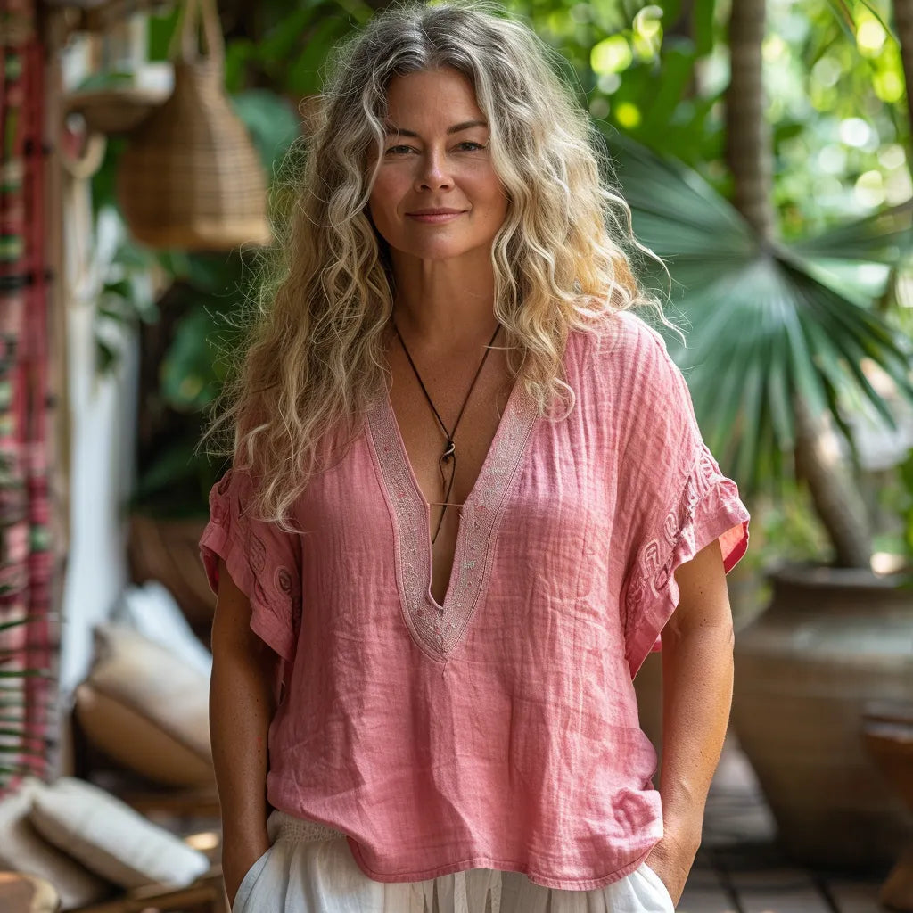 Simple V-neck Linen Shirt, Comfortable, Lazy And Breathable Linen Top