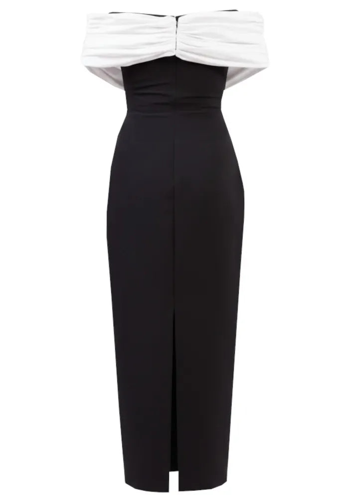 Draped Bardot Pearl Crystal Maxi Dress Black White