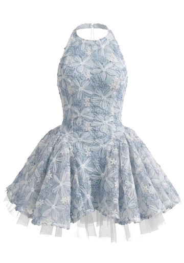 Halter Floral A Line Dress Blue