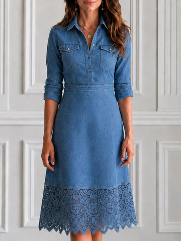 Elegant Waist Fitting Lace Hem Cutwork Denim Shirt Dress