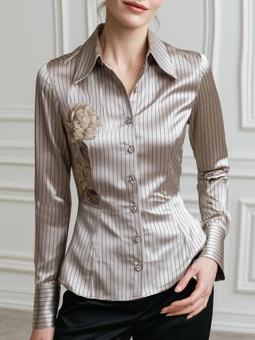 Floral Print Pinstripe Satin Fitted Shirt