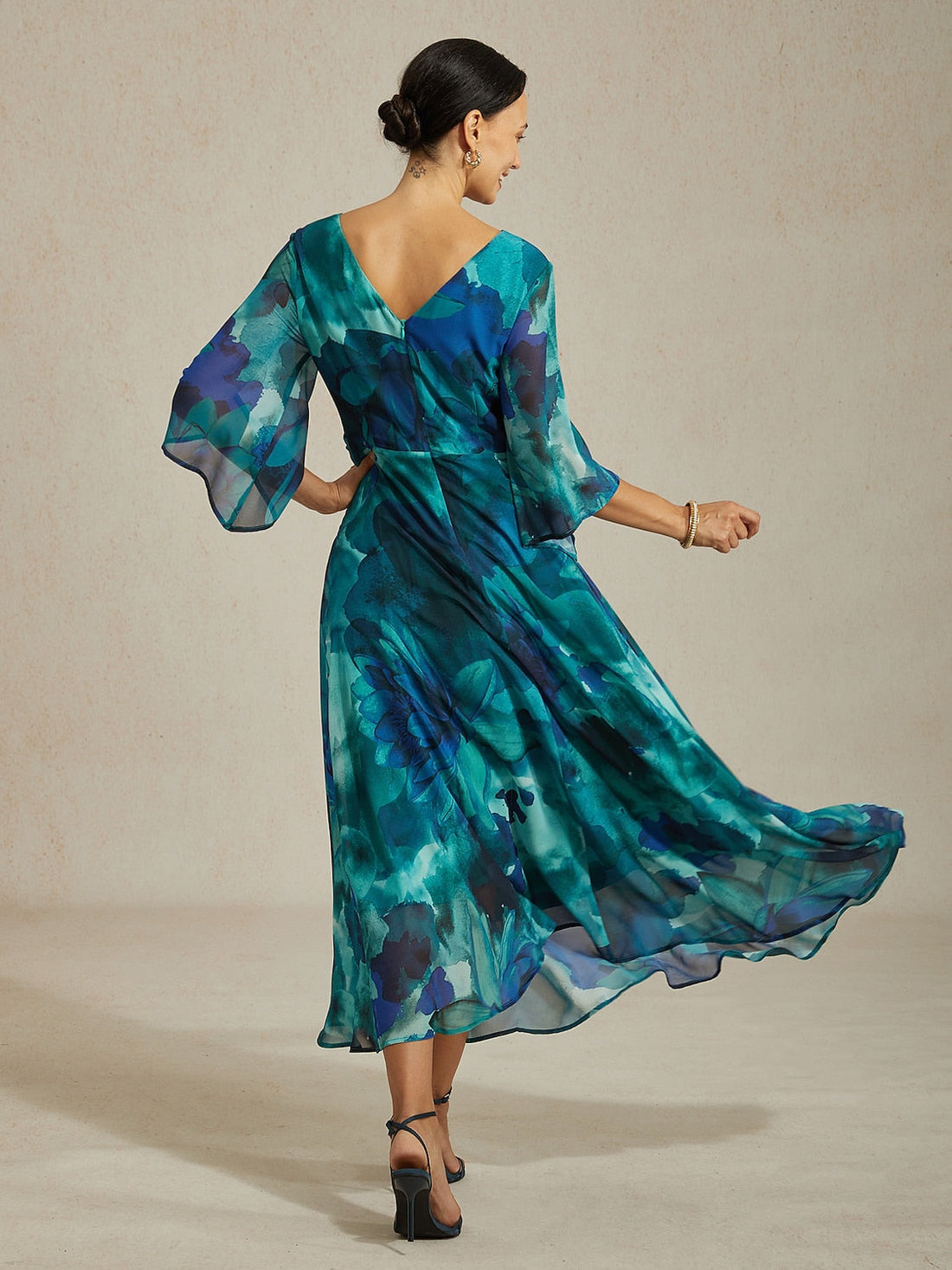 Chiffon Green Abstract Floral Print Twist Knot Maxi Dress