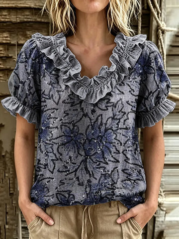 Women's Abstract Floral Sequin Print Ruffle V-Neck Puff Sleeve Blouse