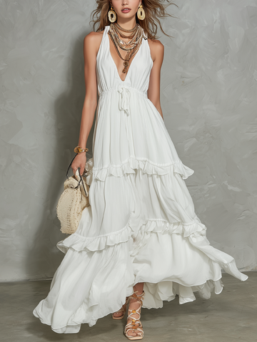 Resort Style White Ruffled Maxi Dress