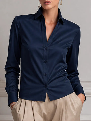 Navy Satin Point Collar Button Front Blouse