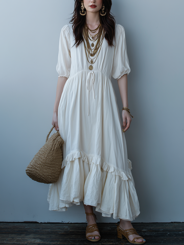 Ivory White High Waisted Drawstring Midi Dress With A Ruffled Hem