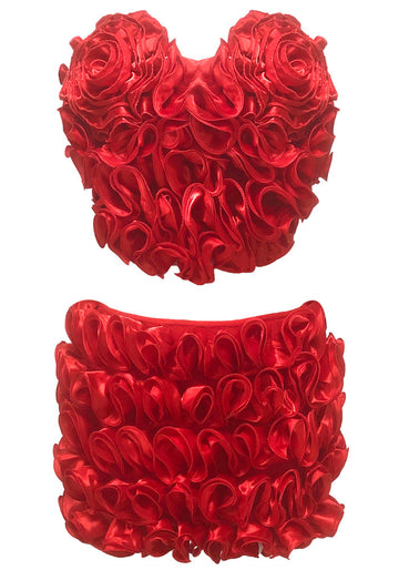Strapless Floral Heart Two Piece Dress Red
