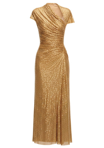 Short Sleeve Draped Sparkly Midi Dress Gold