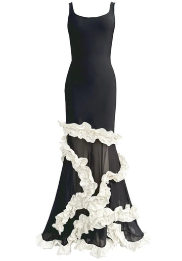 Ruffle Mesh Maxi Dress Black White