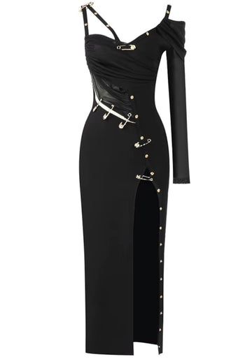 One Sleeve Safety Pin Detail Maxi Dress Black