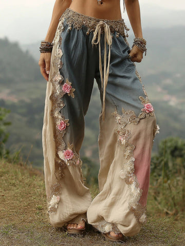 Women's Vintage Pink Flowers Patchwork Art Linen Blend Casual Pants