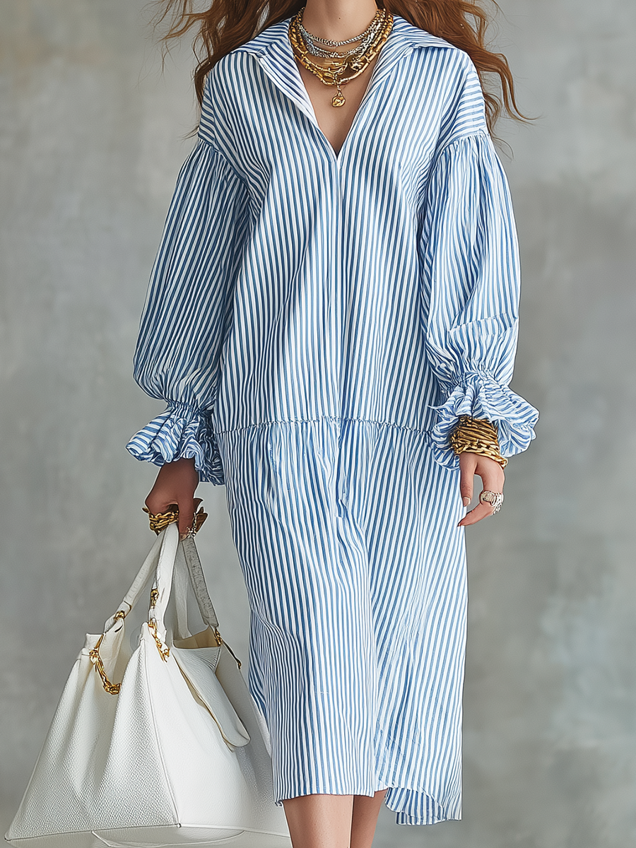 Relaxing Blue Stripe Puff-Sleeve Midi Dress
