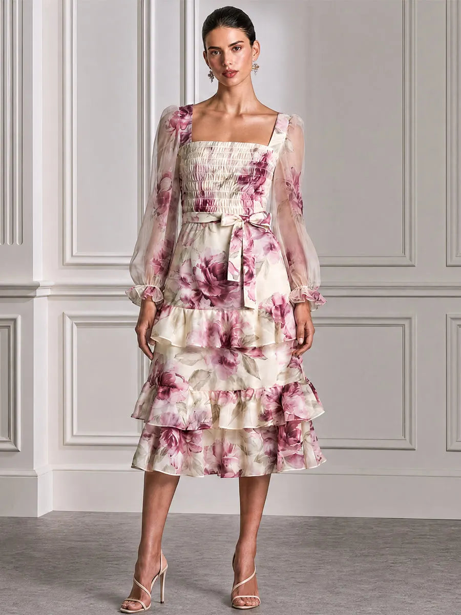 Floral Smocked Sheer Puff Sleeves & Ruffle Hem Midi Dress
