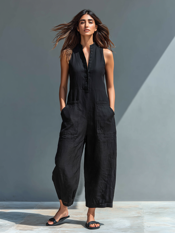 Women's V-Neck Solid Color Cotton And Linen Casual Jumpsuit Leggings