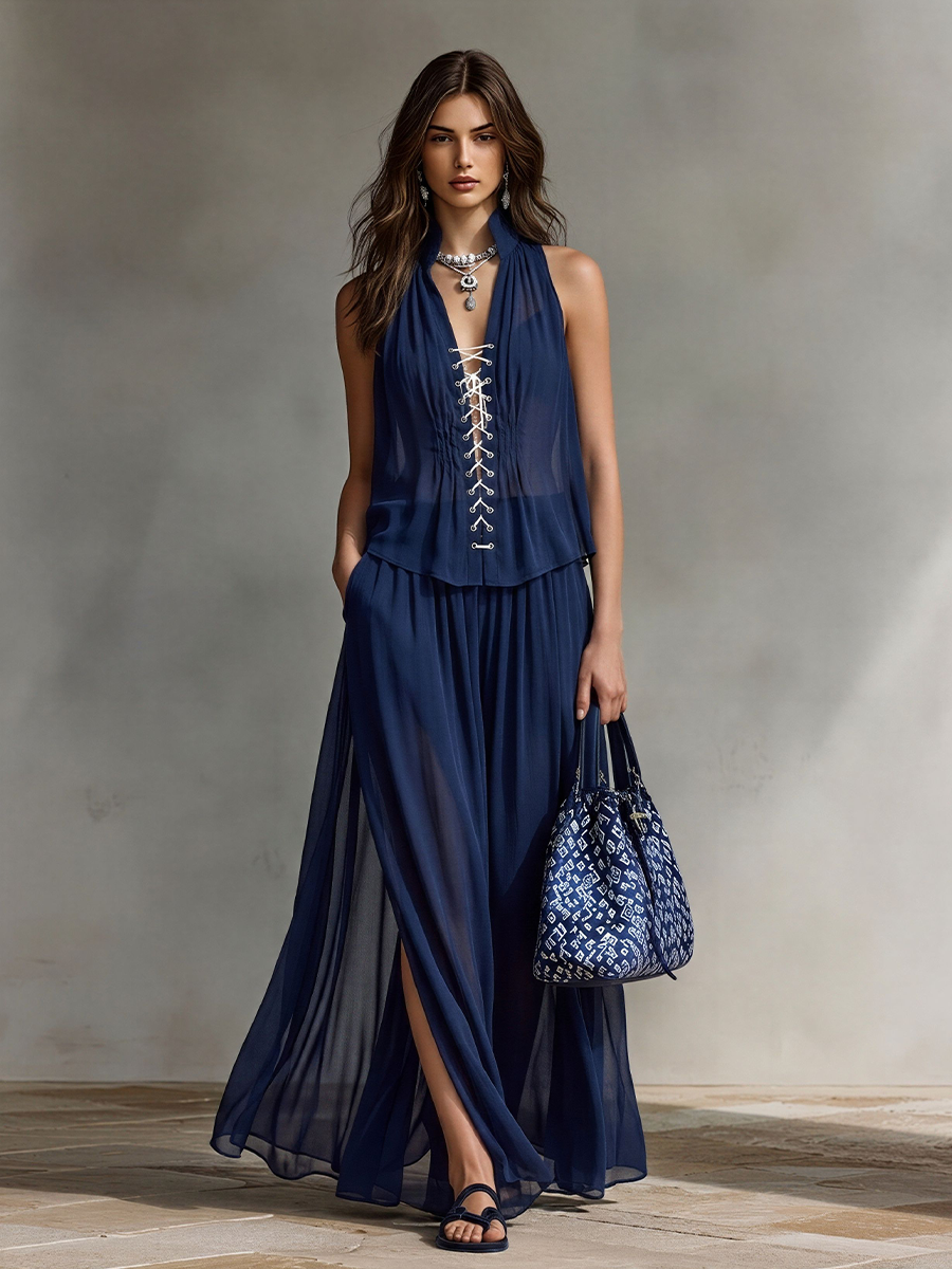 Women's Navy Chiffon Two-Piece Set With Lace-Up Halter Top & Flowy Maxi Skirt, Timeless Boho-Resort Outfit MDZ2288D0LYL