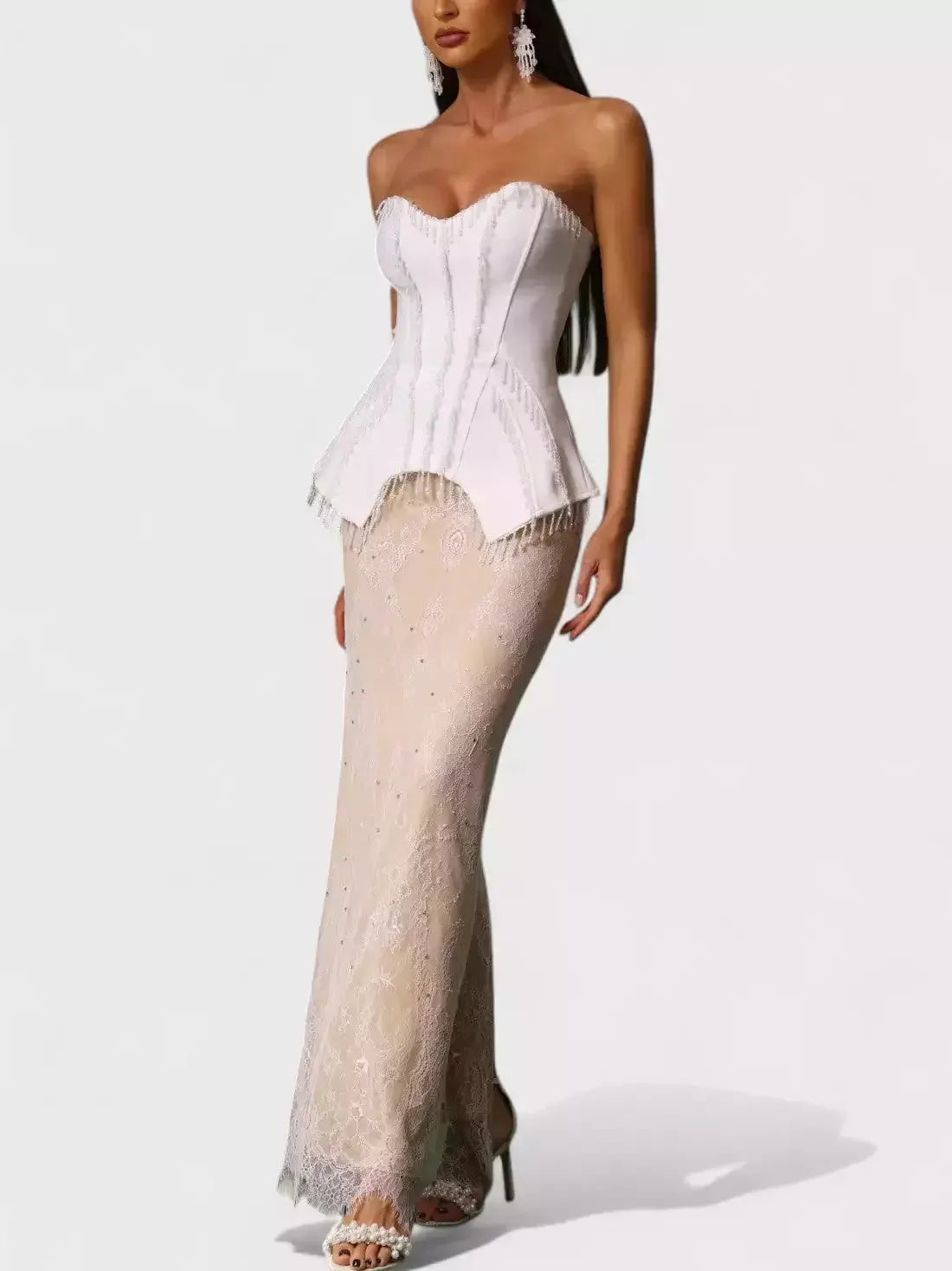 Beaded Strapless Corset Lace Gown