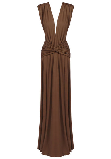 Backless Draped Maxi Dress Brown