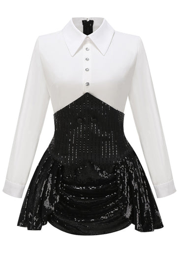 Long Sleeve Sequin Two Piece Dress Black White