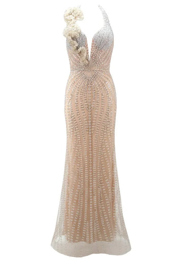 Halter Floral Detail Pearl Maxi Dress Nude