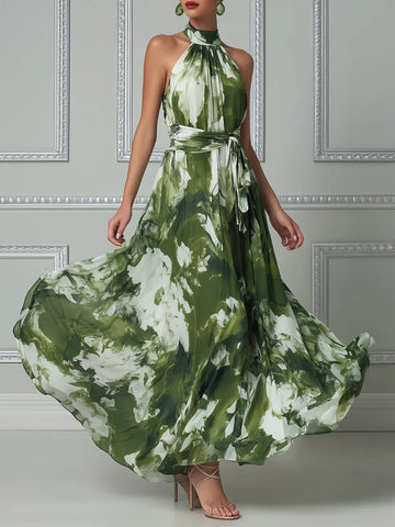 Botanical Impressionist Halter Maxi Dress