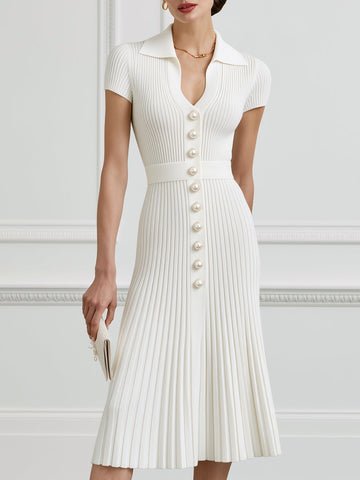 Ribbed Knit Pearl-Button Polo Midi Dress