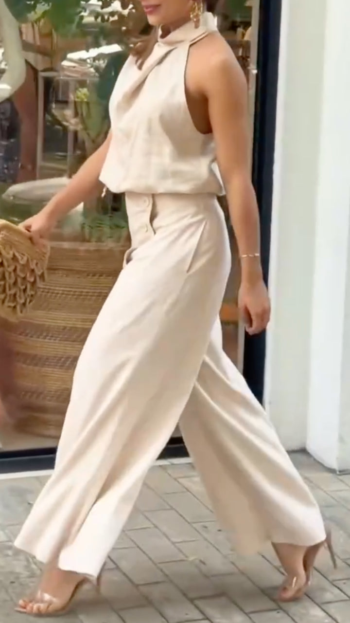 Cream Satin Halter 2 Piece Wide Leg Pant Set