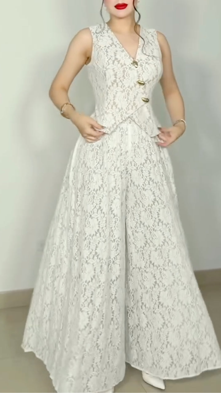 ## White Floral Lace V-Neck Vest & Wide Leg Pant Two Piece Set  ### Title