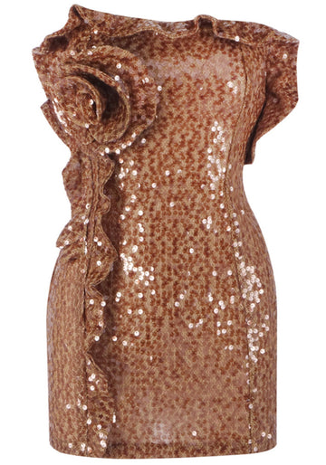 Strapless Sequin Floral Ruffle Dress Brown