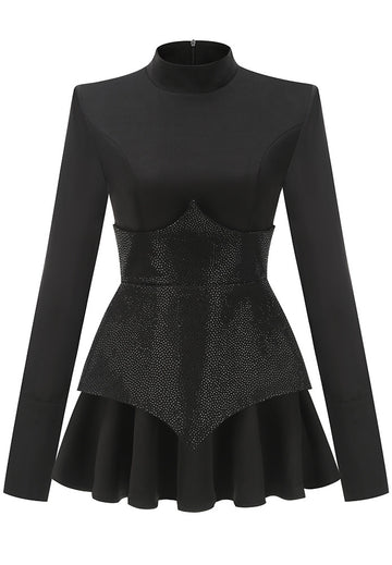 Long Sleeve Sparkly Corset A Line Dress Black