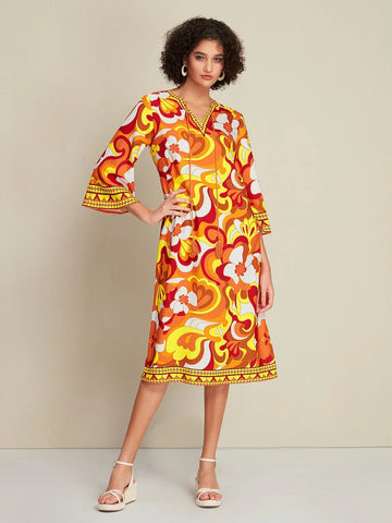Satin Floral Print Tie Front Midi Dress