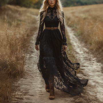 Retro Lace Women's Long-sleeved Dress Pastoral Style Lace Retro Long Dress