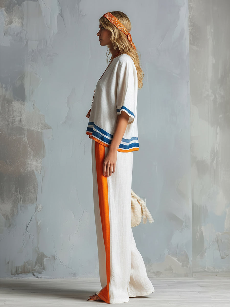 Casual Urban Style Contrast-Trimmed White T-Shirt & Wide-Leg Pants Cotton-Linen Set