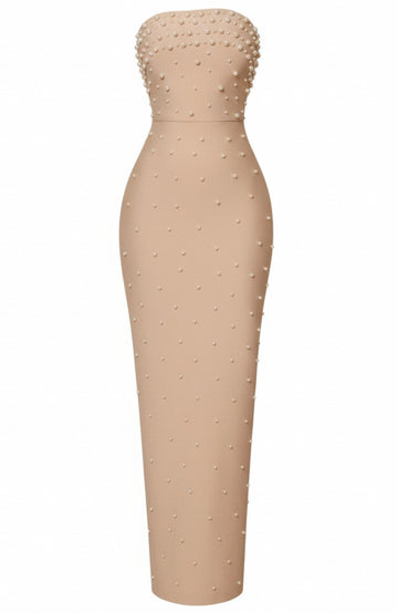 Strapless Pearl Embellished Maxi Dress Nude
