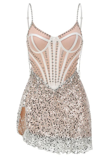 Bustier Sequin Dress Nude Silver