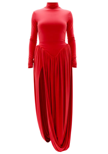Long Sleeve Draped Puff Maxi Dress Red