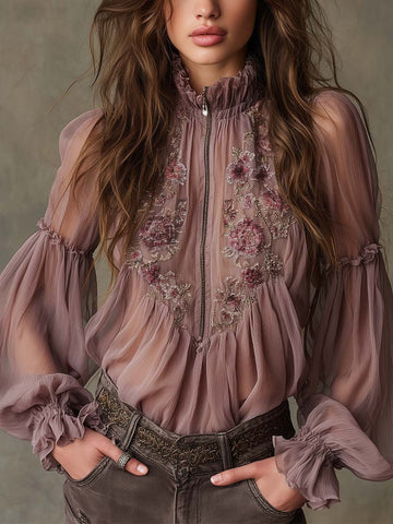 Bohemian Elegance Sheer Embroidered Zip-Front Chiffon Blouse