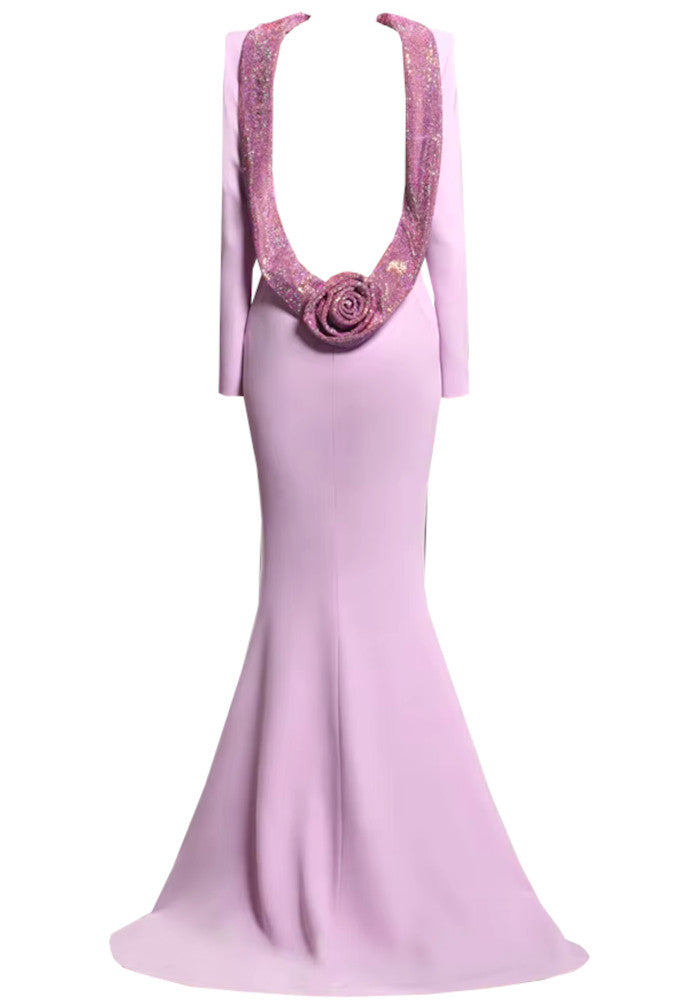 Long Sleeve Backless Crystal Flower Maxi Dress Lavender