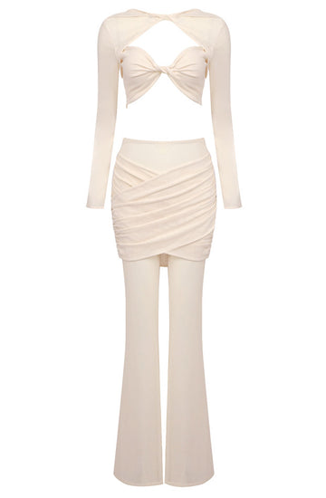 Long Sleeve Draped Two Piece Jumpsuit Nude