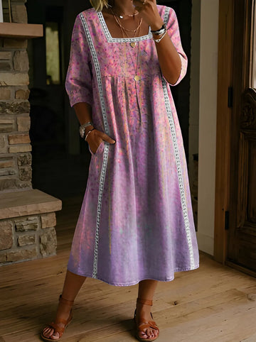 Women's Folk Printed Square Neck Hollow Cotton Pocket Dress