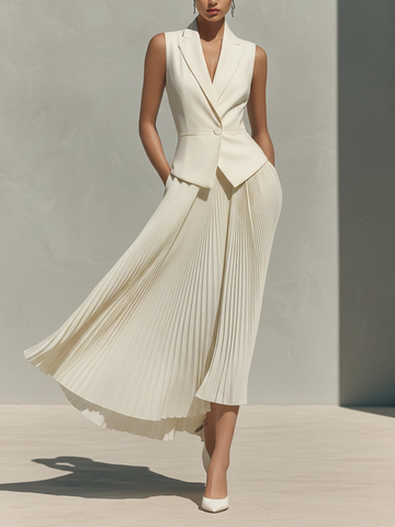 Women's Ivory Tailored Two-Piece Set With Blazer Vest & Pleated Midi Skirt, Timeless Sophisticated-Chic Formal Outfit MDZ2301D8LYL