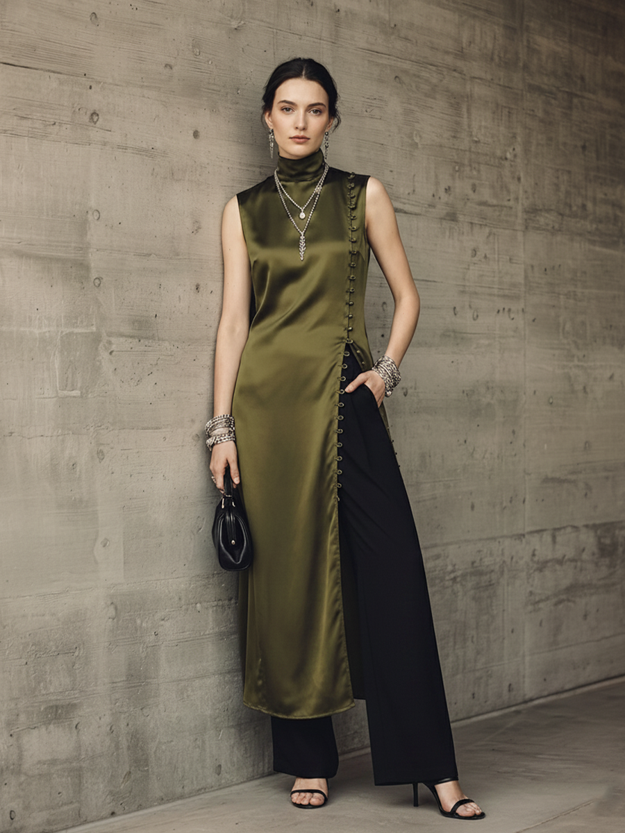 Women's Light Luxury Style Olive Green Satin High-neck Side-slit Button Long Top And Cotton Blend Wide-leg Pants Set MDZ2334D5GMJ