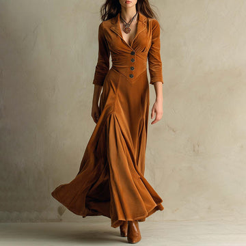 Women's Elegant Velvet Long Dress - Shawl Collar, Flowy Skirt, Fall Essential