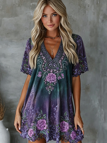 Women's Retro Celtic Knot Floral Gradient Art Cotton Linen V-neck Dress