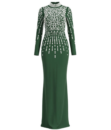 Long Sleeve Pearl Backless Maxi Dress Green