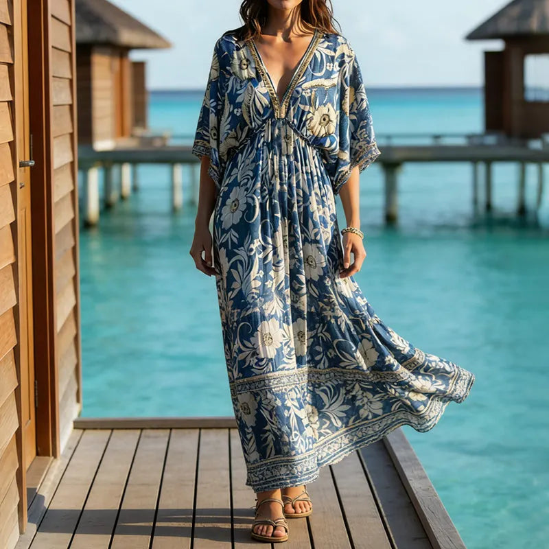 Vintage Boho Ethnic Floral Patterns Maxi Dress