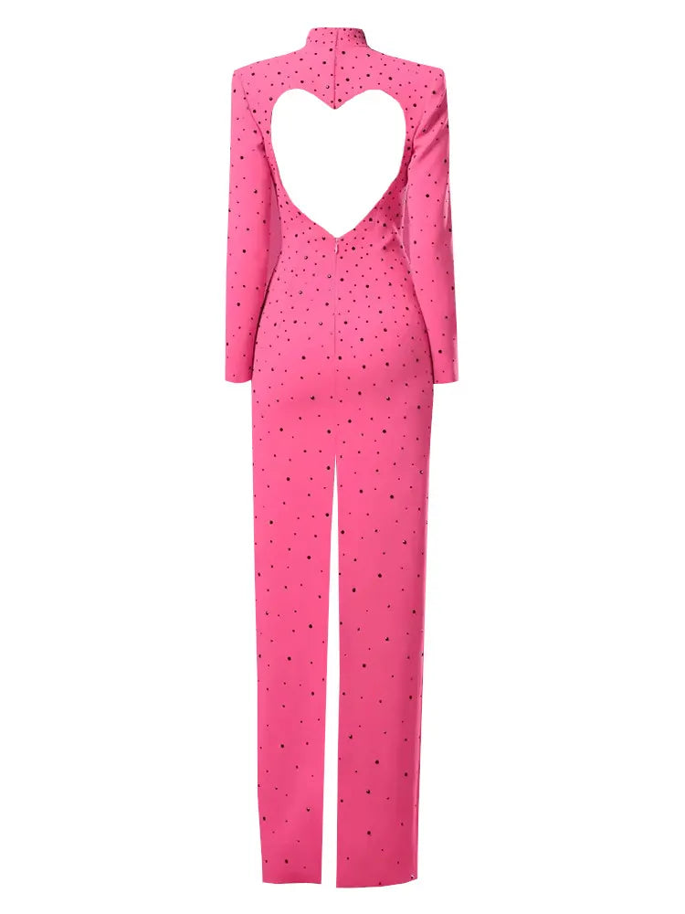 Long Sleeve Embellished Heart Cut Out Maxi Dress Hot Pink
