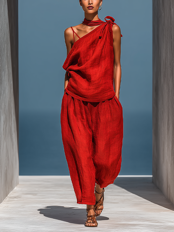 Women’s Red Linen-Blend Two-Piece Set: Asymmetrical One-Shoulder Top (Without Neck Scarf) & Wide-Leg Pants With Pockets MDZ2201D4T