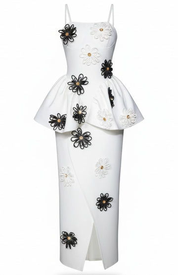 Floral Peplum Detail Midi Dress White