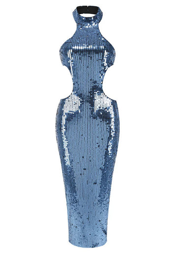 Halter Sequin Backless Maxi Dress Blue